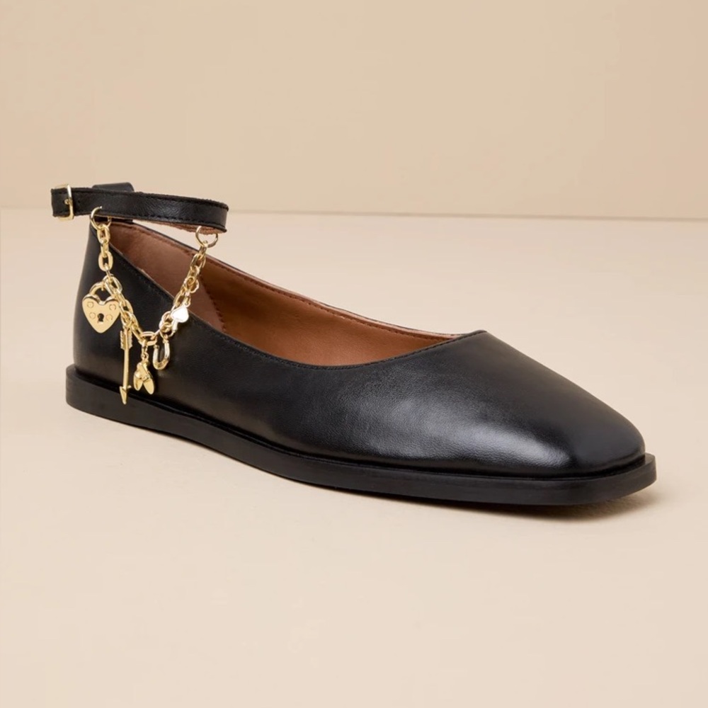 NIB | Free People | Mystic Treasures Black Leather Charm Ankle Strap Ballet Flat